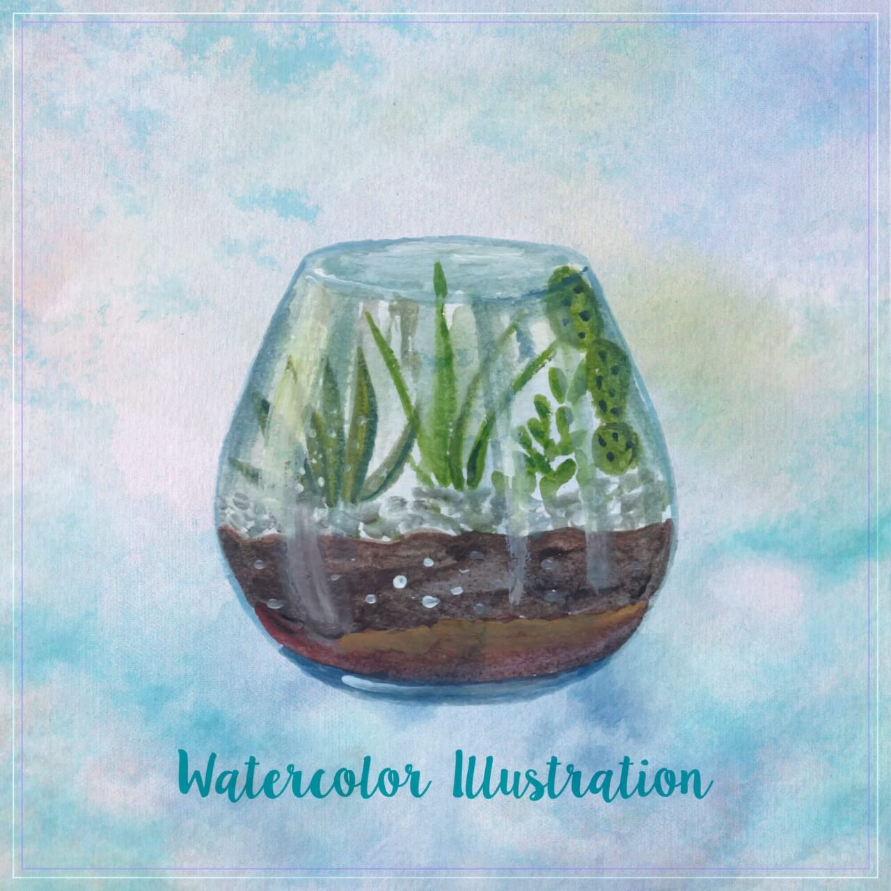 Free vector "Watercolor illustration. Composition of succulents in glass aquarium"