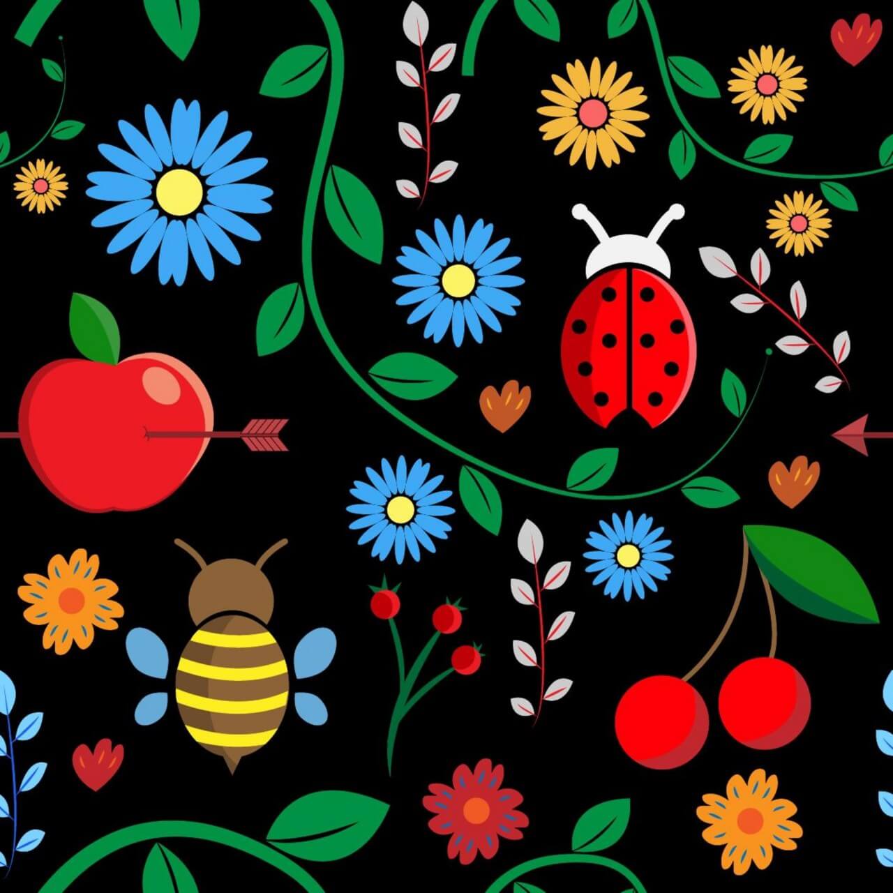 Free vector "Pattern with leaves, berries, bugs, flowers, apple, branches"