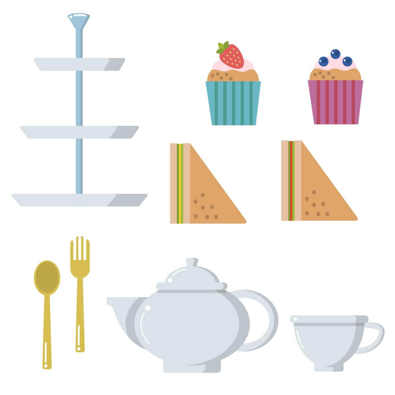 Free vector "Tea time pot cup muffin sandwich vector set"